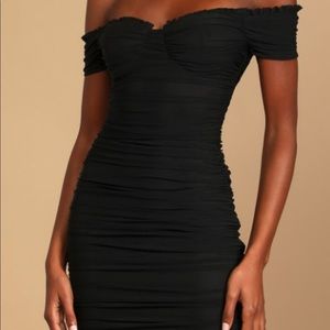 Lulu’s Wow Power Black Ruched Off-the-Shoulder Bodycon Mini Dress